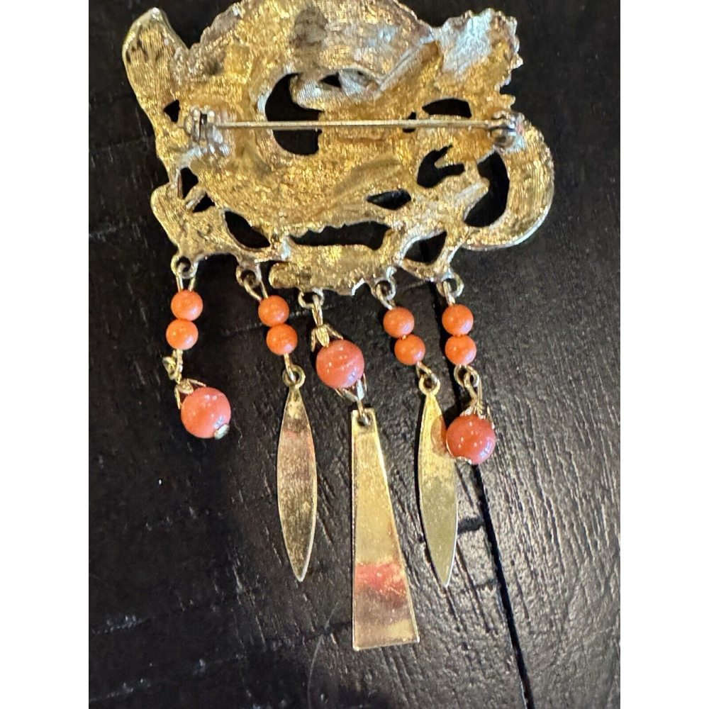 VINTAGE 1950'S E.P. GOLD - FAUX CORAL CHINESE DRAGON BROOCH BY ART - NEW YORK - Picture 5 of 7